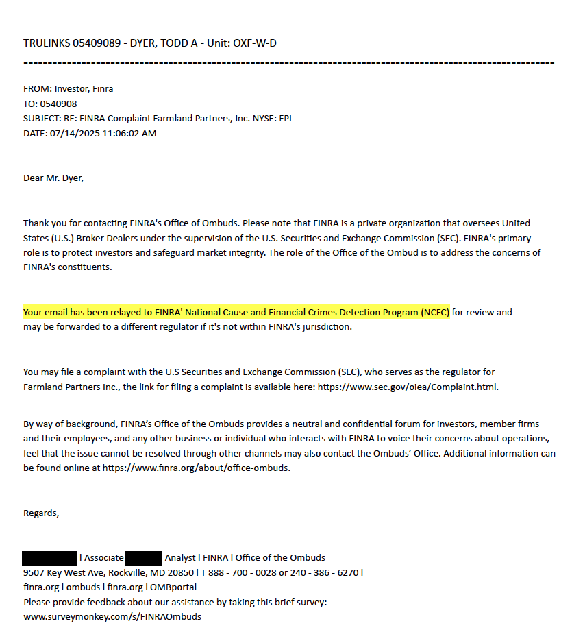 FINRA Office of the Ombuds email dated July 14, 2025