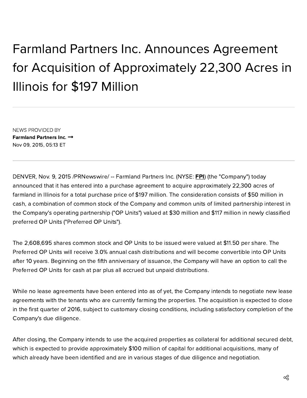 Farmland Partners acquisition announcement thumbnail